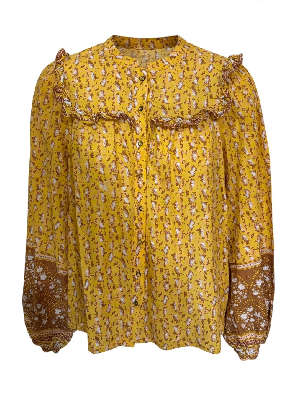 Joie Mustard Floral Ruffle-Trim Button Blouse